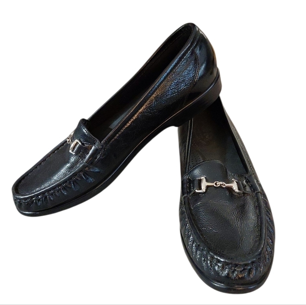 SAS Metro Black Leather Loafers Slip On Flats Tri-pad Comfort Shoes Sz 8.5